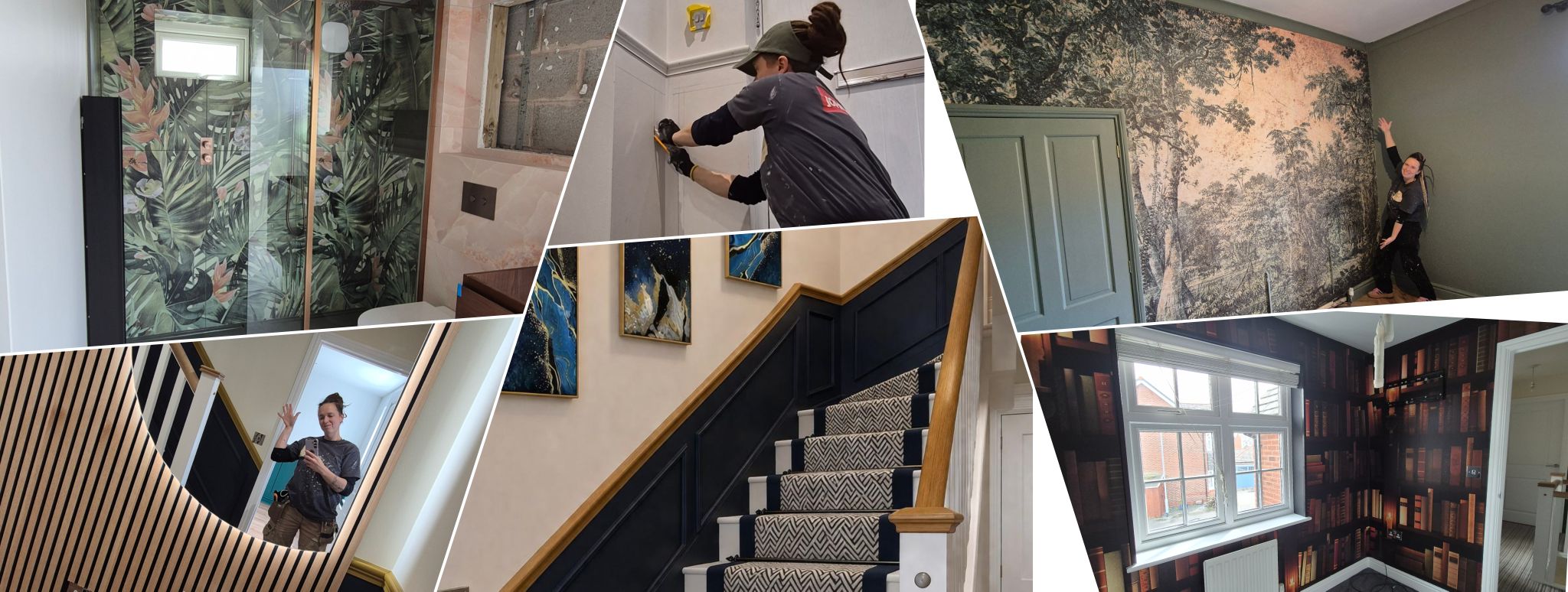 Recent projects: jungle wallpaper, forest mural, navy stair panelling, library wallpaper